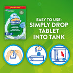 Instruction-style image showing product box and three circular icons illustrating how to drop tablet into tank