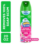 Tall aerosol can of Scrubbing Bubbles Bathroom Grime Fighter in green and pink Floral Fusion packaging on white background.