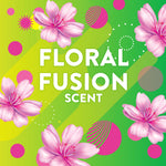 Bright floral graphic panel with pink flowers and bold text reading floral fusion scent on a green gradient background.