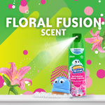 Colorful promotional graphic featuring Scrubbing Bubbles Floral Fusion can, foam brush character and floral accents.
