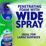 Graphic of Scrubbing Bubbles Mega Shower Foamer spraying a wide penetrating foam with text promoting wide spray for large surfaces