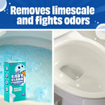 Split image showing foaming blue cleaner in a toilet bowl and a sparkling clean toilet with headline about removing limescale