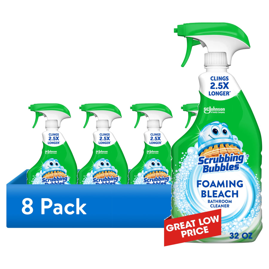 Eight-pack promotional image of Scrubbing Bubbles Foaming Bleach bathroom cleaner bottles with green spray tops and blue logo
