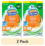 Two Scrubbing Bubbles Fresh Brush flushable refill boxes with citrus graphics shown side-by-side and a 2 pack label