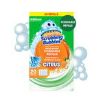 Scrubbing Bubbles Fresh Brush Citrus refill box with green background, bubbles and flushable refills badge
