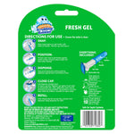 Product back panel with directions for use and an illustrated dispenser diagram for Fresh Gel stamps