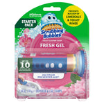 Retail blister pack front for Scrubbing Bubbles Fresh Gel toilet cleaning stamp showing dispenser, branding and floral artwork.