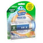 Angled packaged Scrubbing Bubbles Fresh Gel starter pack showing dispenser and gel stamps in blister pack