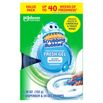 Scrubbing Bubbles Fresh Gel Rainshower packaging front showing brand logo, product image, and a hand applying the gel stamp to a toilet.