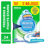 Scrubbing Bubbles Fresh Gel Rainshower value pack front packaging showing brand logo, product image and hand applying stamp to toilet bowl.
