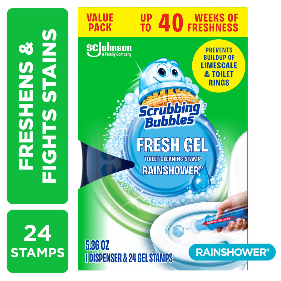 Scrubbing Bubbles Fresh Gel Rainshower value pack front packaging showing brand logo, product image and hand applying stamp to toilet bowl.