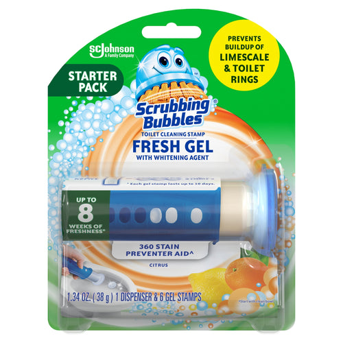 Packaged Scrubbing Bubbles Fresh Gel toilet cleaning stamp starter pack with dispenser visible