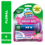Scrubbing Bubbles Fresh Gel toilet stamp starter pack in retail blister packaging with floral graphics and dispenser visible.