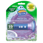 Scrubbing Bubbles Fresh Gel starter pack blister card showing dispenser and lavender gel stamps