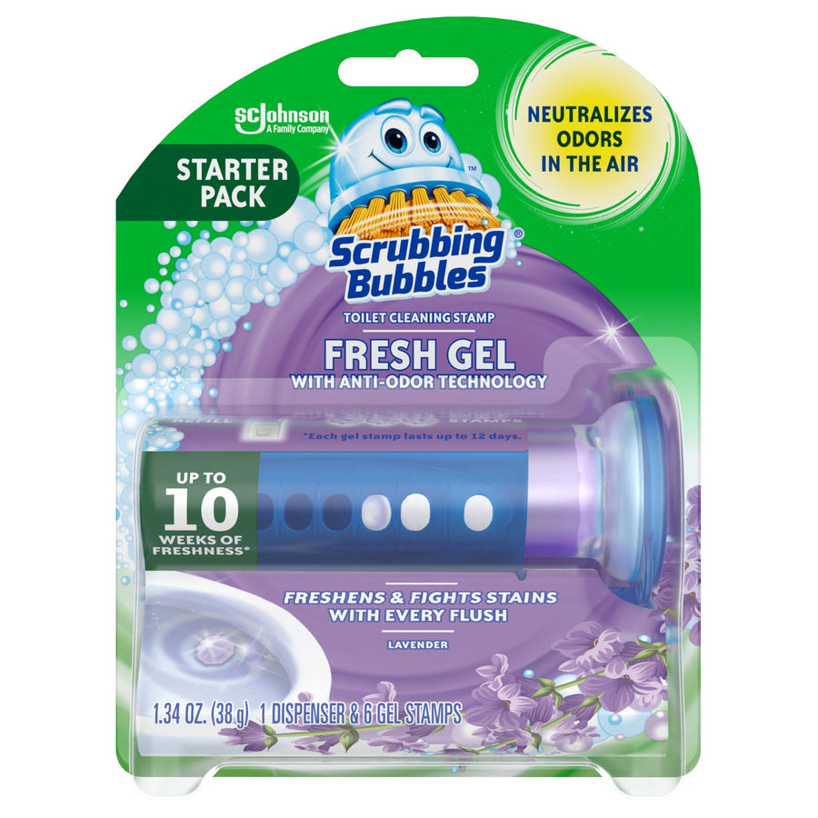 Scrubbing Bubbles Fresh Gel starter pack blister card showing dispenser and lavender gel stamps