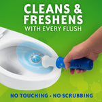 Hand holding a blue gel stamp applying a Scrubbing Bubbles Fresh Gel disk inside a toilet bowl with text about cleaning and freshness.