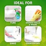 Four-panel infographic showing tubs, shower walls, sinks, and countertops as ideal uses for Scrubbing Bubbles cleaner