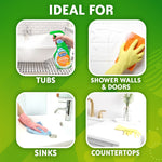 Four-panel infographic showing ideal uses: tubs, shower walls & doors, sinks, and countertops with product and cleaning scenes