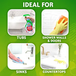 Green infographic titled ideal for showing tubs, shower walls & doors, sinks and countertops with Scrubbing Bubbles product images