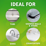 Green infographic titled Ideal For with four circular images showing tubs, shower walls and doors, sinks, and countertops