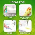 Four photo tiles showing ideal uses for Scrubbing Bubbles: tubs, shower walls & doors, sinks, and countertops