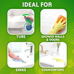 Four-panel graphic showing uses for cleaner: tubs, shower walls & doors, sinks, and countertops with product imagery