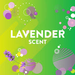 Bright green background panel reading lavender scent with stylized lavender sprig and decorative dots