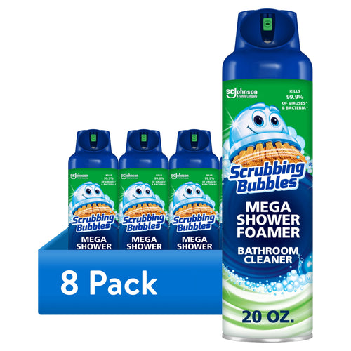 Display of Scrubbing Bubbles Mega Shower Foamer aerosol cans with an 8 pack label and single 20 oz can at right