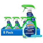 Eight-pack display of Scrubbing Bubbles Mega Shower Foamer Rainshower bottles with blue tray