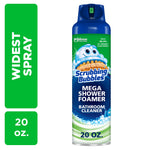 Scrubbing Bubbles Mega Shower Foamer aerosol can with blue cap and green label showing brand logo and 20 oz marking