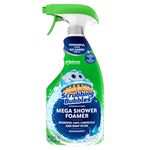 Front of a Scrubbing Bubbles Mega Shower Foamer spray bottle, Rainshower scent, labeled 32 fl oz