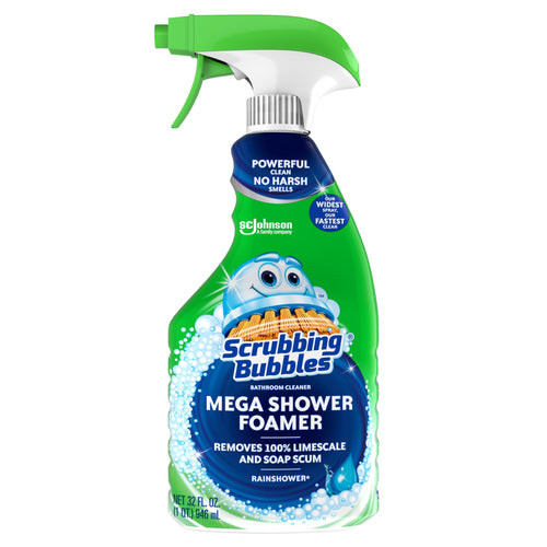Front of a Scrubbing Bubbles Mega Shower Foamer spray bottle, Rainshower scent, labeled 32 fl oz