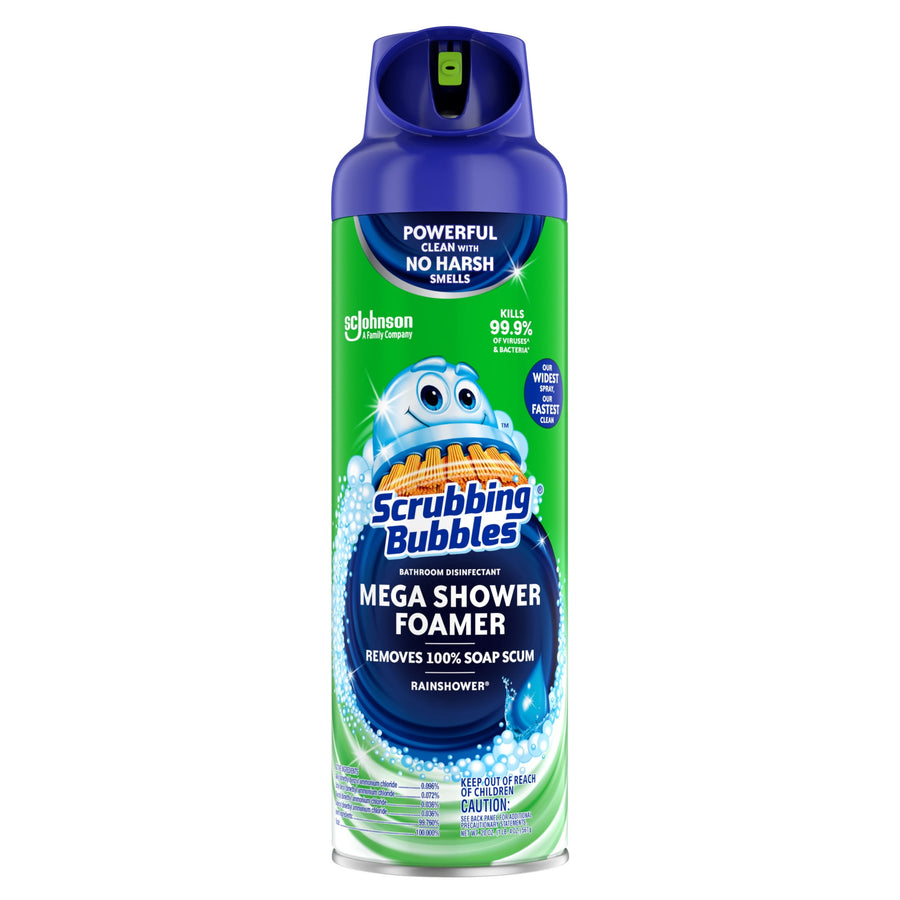Scrubbing Bubbles Mega Shower Foamer aerosol can with green label and blue cap labeled Rainshower, shown on white background.