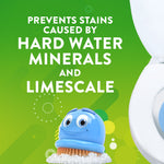 Green promotional graphic with Scrubbing Bubbles character and toilet rim showing text about preventing hard water stains