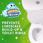 Scrubbing Bubbles logo above an open toilet bowl with text claiming prevention of limescale build-up and toilet rings on green background.