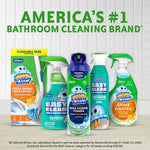 Lineup of Scrubbing Bubbles bathroom cleaning products on a tiled background with headline claiming America’s #1 bathroom cleaning brand.