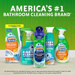 Promotional banner showing a lineup of Scrubbing Bubbles bathroom cleaning products with 'America's #1' headline