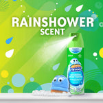 Scrubbing Bubbles Rainshower can with blue scrub brush and foam on a colorful green background labeled Rainshower scent