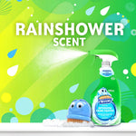Colorful graphic showing Scrubbing Bubbles Rainshower bottle and scrub brush with the text 'Rainshower scent' and spray effect