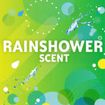 Green gradient graphic with decorative water splashes and bold text reading Rainshower Scent