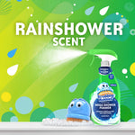 Colorful green background with large 'Rainshower scent' text and a Scrubbing Bubbles spray bottle with bubbling foam