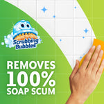 Graphic of tiled wall being wiped with a sponge and Scrubbing Bubbles logo with text claiming removes 100% soap scum