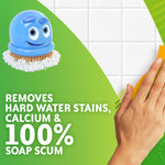 Close-up graphic of a blue Scrubbing Bubbles scrubber head with foam and a hand wiping white tiled shower wall
