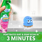 Spray can being used with foam brush character and text stating penetrates dirt and soap scum in 3 minutes.
