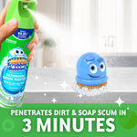 Spray action from a Scrubbing Bubbles can directed at a blue scrub brush with foam and sparkling countertop