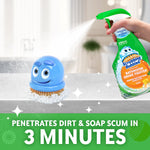Scrubbing Bubbles spray bottle being used to mist a bubbly blue scrub brush on a countertop, with cleaning sparkles
