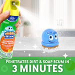 Hand spraying Scrubbing Bubbles can toward a smiling blue scrub brush sitting on a soapy countertop with foaming action text
