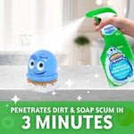 Scrubbing Bubbles bottle spraying foam toward a blue smiling scrub brush on a countertop, claims penetrates dirt in three minutes