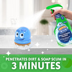 Hand spraying Scrubbing Bubbles Mega Shower Foamer onto smiling scrub brush with foam on countertop