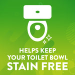 Green panel with white toilet icon and text saying helps keep your toilet bowl stain free